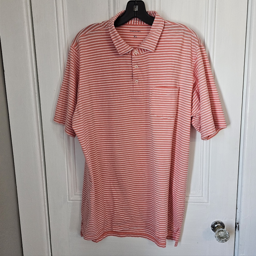 B Draddy Mens XL Pima Cotton Coral Striped Polo FR6160-BDK03 Compass Logo